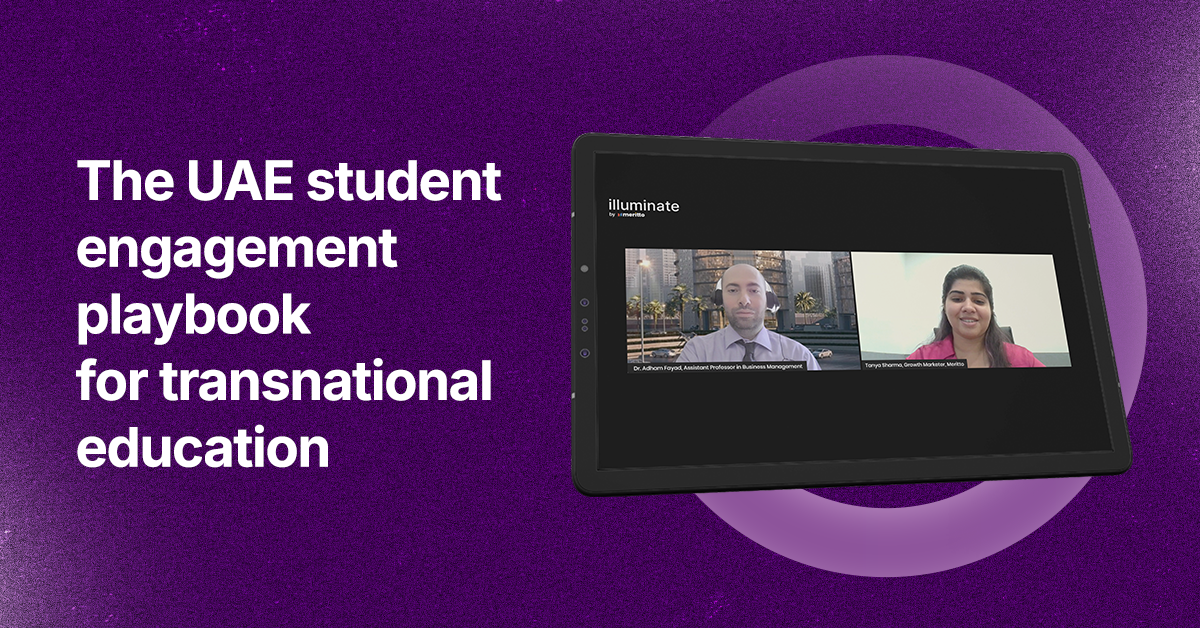 "Dr. Adham Fayad sharing insights on student engagement and transnational education in the UAE during the #illuminateByMeritto webinar."