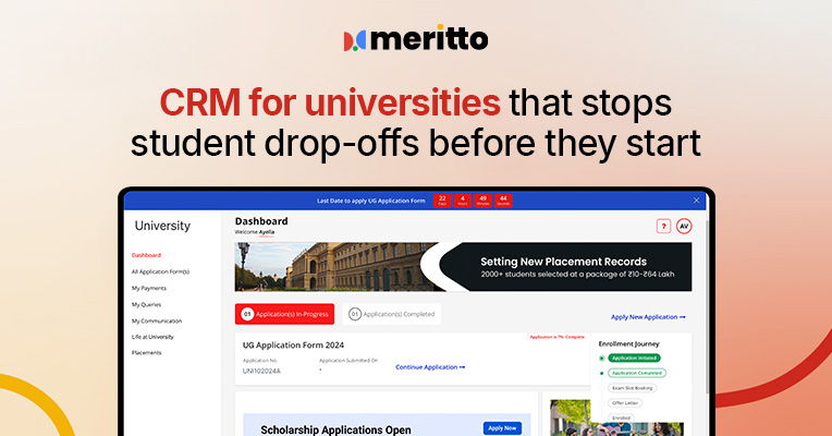 University counselor using Meritto’s CRM to follow up with a prospective student on a unified admissions dashboard.