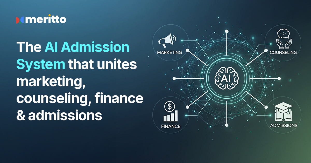 Dashboard of Meritto’s AI Admission Management System showing unified student enrollment data and team workflows.