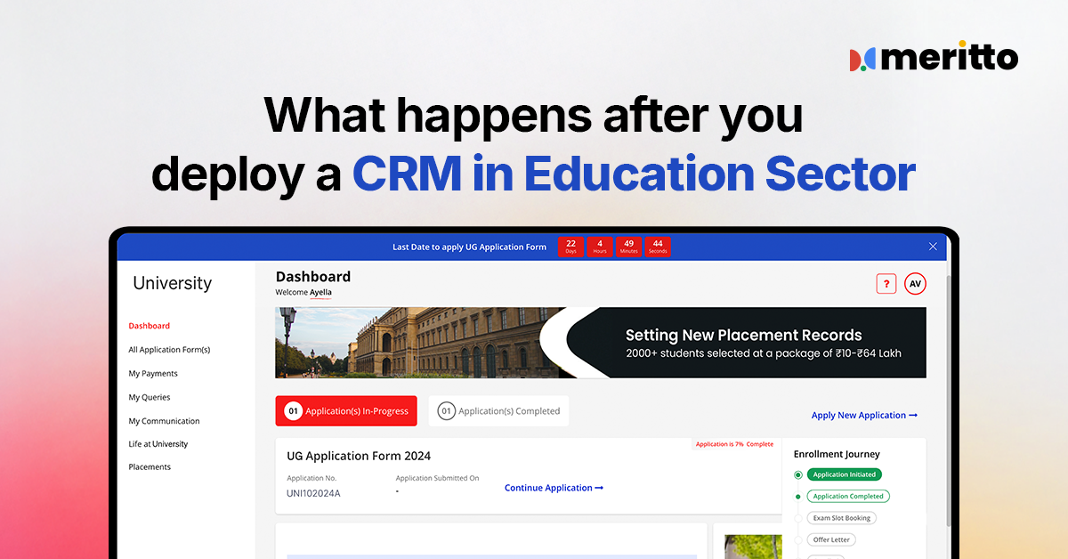 Illustration showing a centralized CRM system connecting admissions, marketing, and counseling teams in the education sector.