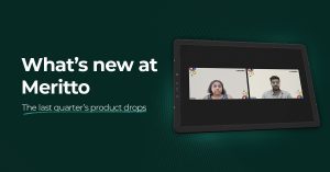 Meritto product updates dashboard showing Mio AI Coach, Outcomes Dashboard, and enrollment automation features