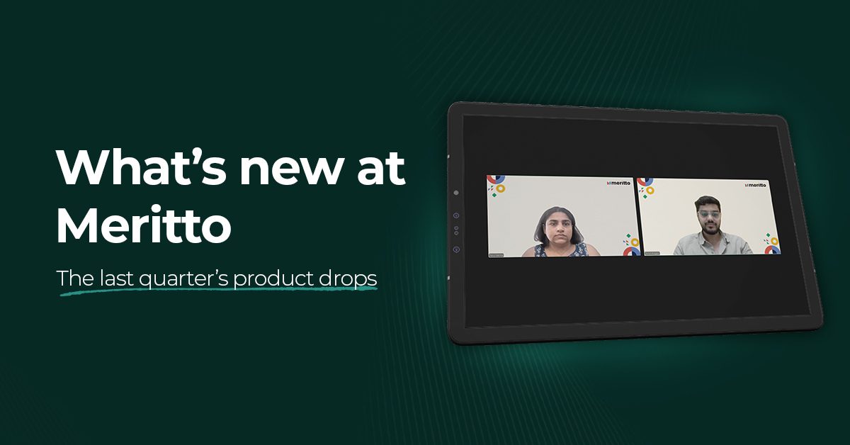 Meritto product updates dashboard showing Mio AI Coach, Outcomes Dashboard, and enrollment automation features